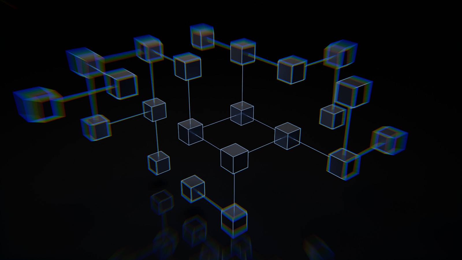 Rendu 3D d'un réseau blockchain : blocs connectés par un graphe de transactions, illustrant les rails décentralisés de l'économie agentique