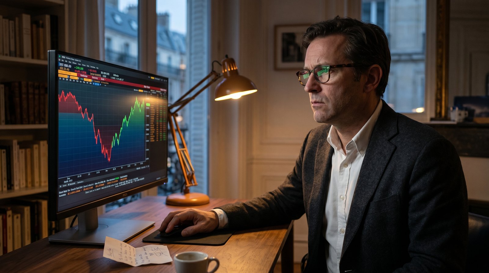 Investisseur pensif devant un écran affichant la reprise en V du S&P 500 après une baisse — illustration du coût du market timing