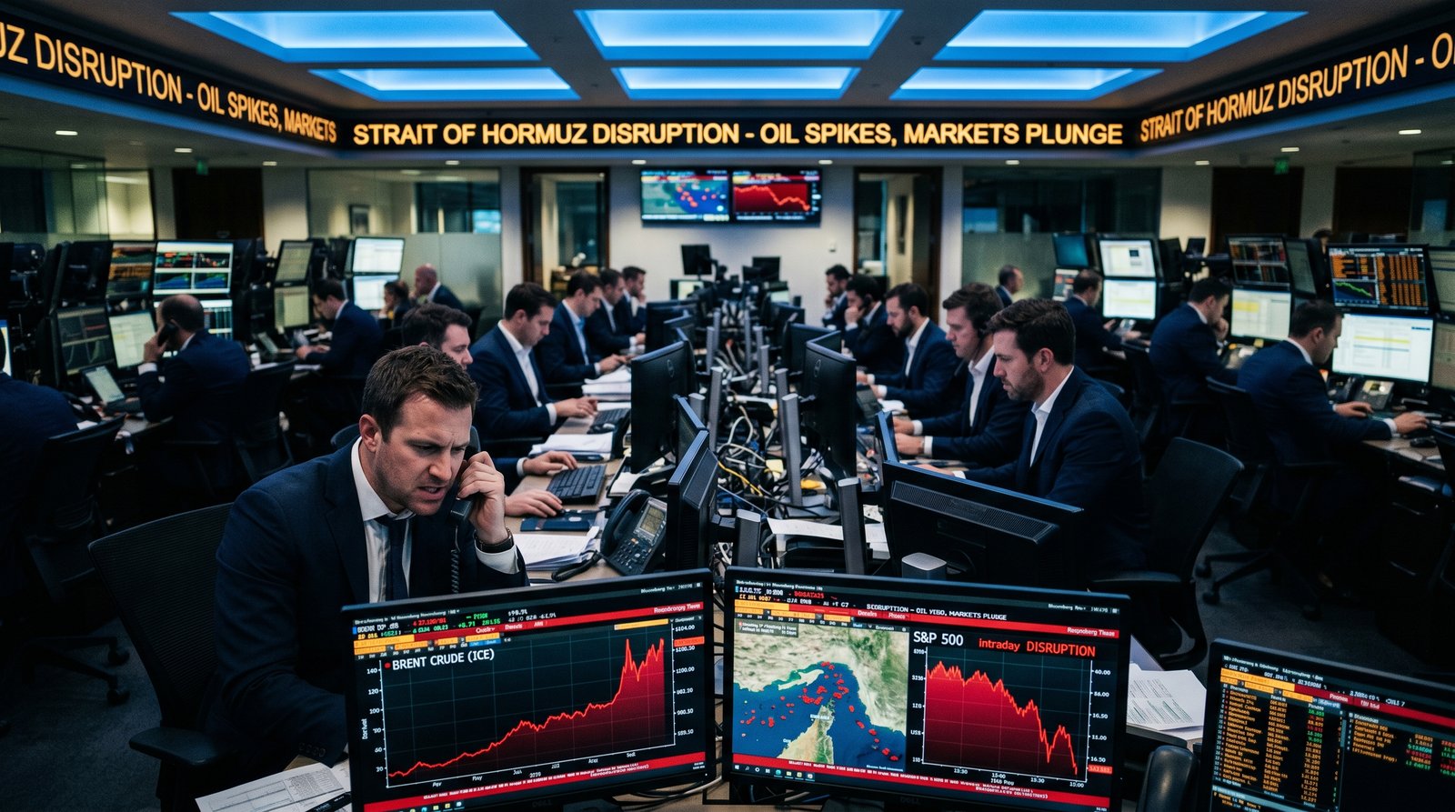 Salle des marchés institutionnelle pendant la crise iranienne : traders analysant les cours du Brent, du S&P 500 et le trafic du détroit d'Ormuz
